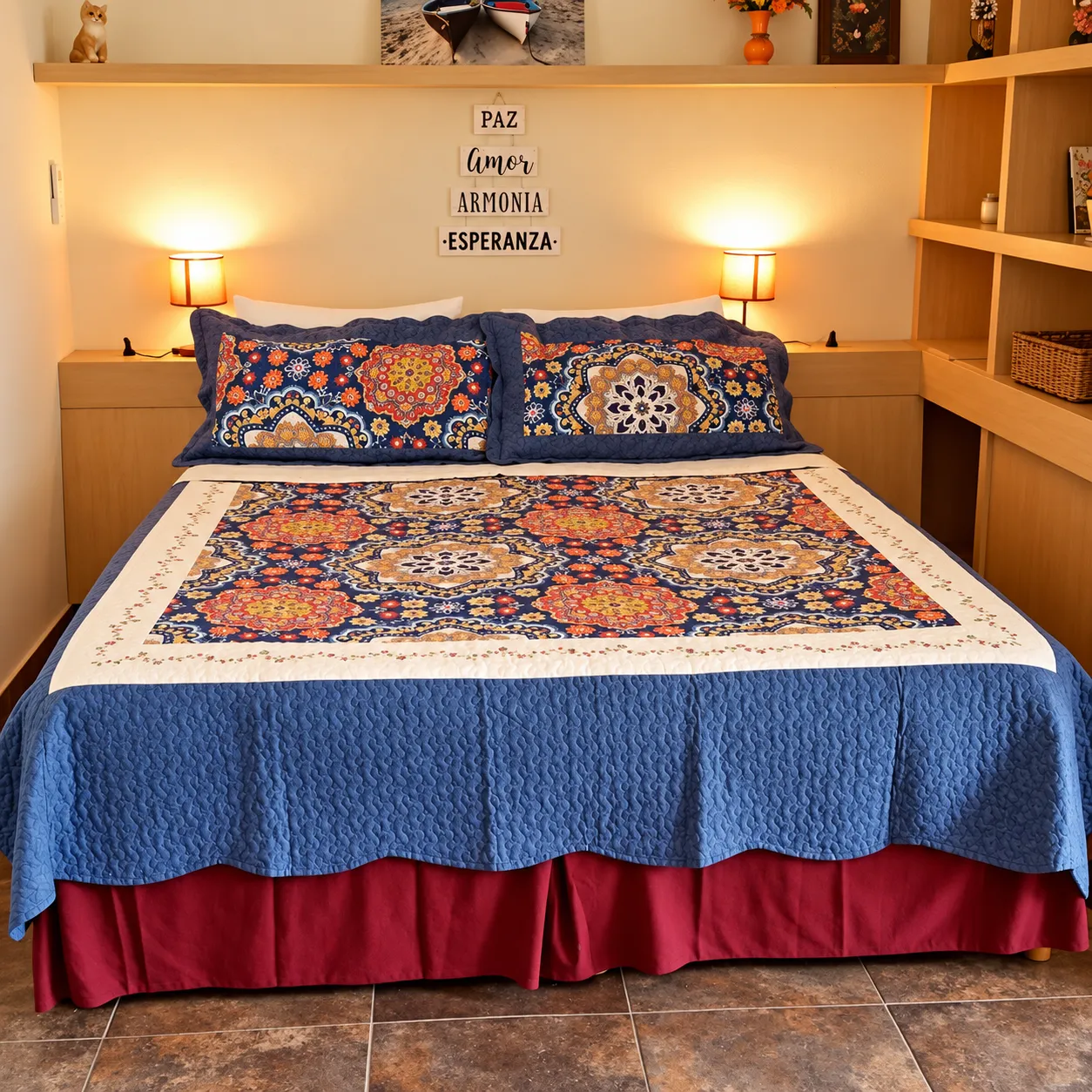 Cama con acolchado azul y almohadones estampados, entre dos lámparas encendidas