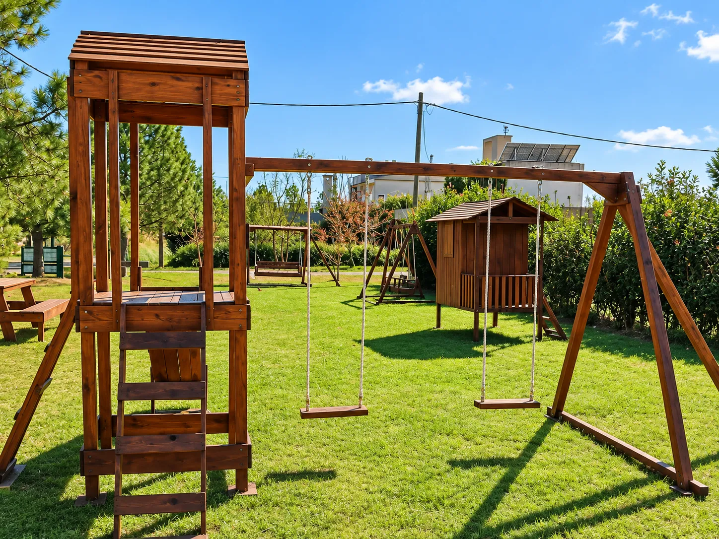 Juegos de madera con hamacas y casita sobre el césped