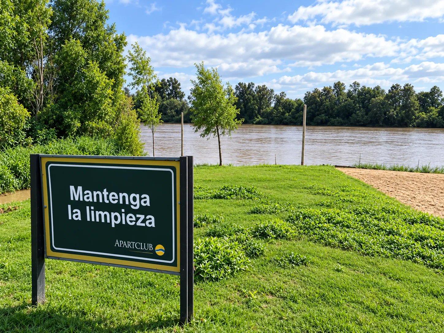 Sector de césped junto al río con cartel que pide mantener la limpieza