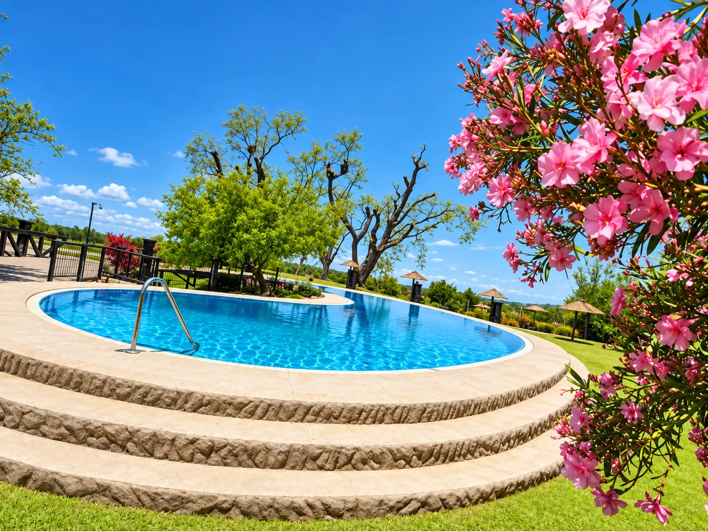 Piscina exterior rodeada de césped y flores rosas