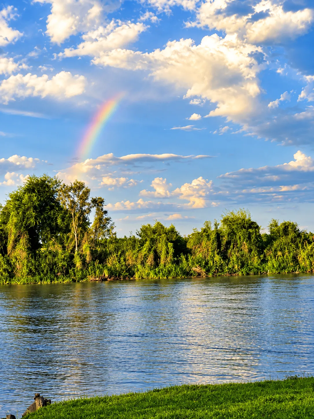 Río junto a una orilla verde, con nubes y un arcoíris
