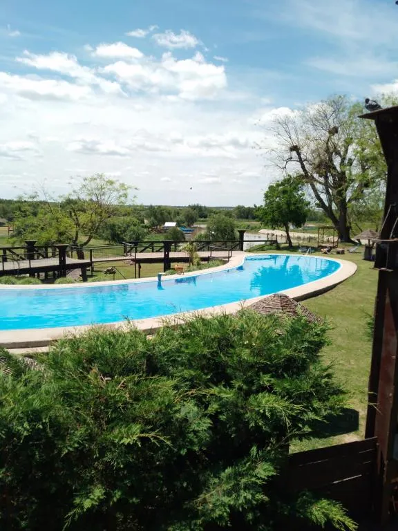 Vista de la piscina exterior rodeada de vegetación desde una terraza